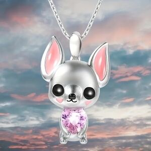 Silver Chihuahua Pendant Necklace with Pink Accents